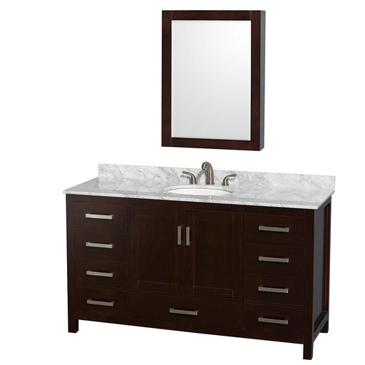 Vanity - Sheffield 60" Single Bathroom Vanity In Espresso, White Carrara Marble Countertop, Undermount Oval Sink, And Medicine Cabinet