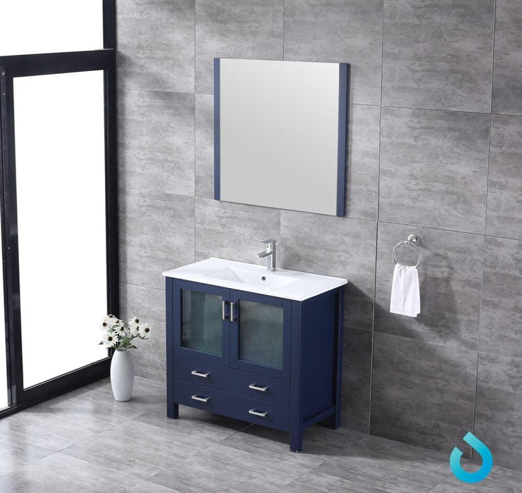 Vanity - Volez 36" Navy Blue Single Vanity W/ Integrated Top, White Integrated Square Sink And 34" Mirror
