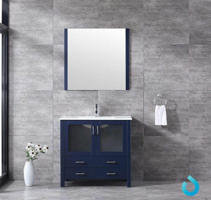 Vanity - Volez 36" Navy Blue Single Vanity W/ Integrated Top, White Integrated Square Sink And 34" Mirror